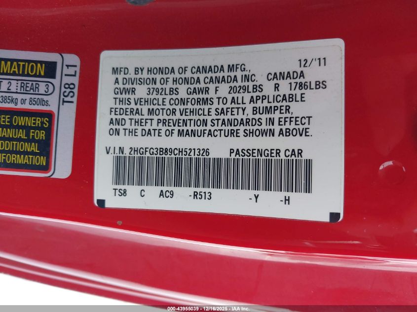 2012 Honda Civic Ex VIN: 2HGFG3B89CH521326 Lot: 43955039