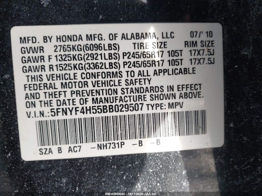 2011 Honda Pilot Ex-L VIN: 5FNYF4H55BB029507 Lot: 43955040