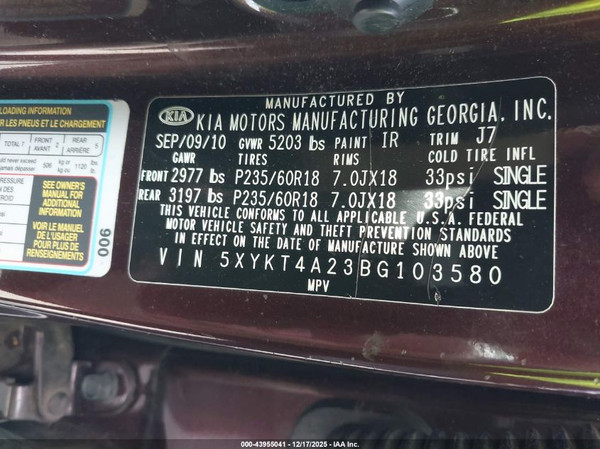 2011 Kia Sorento Lx V6 VIN: 5XYKT4A23BG103580 Lot: 43955041