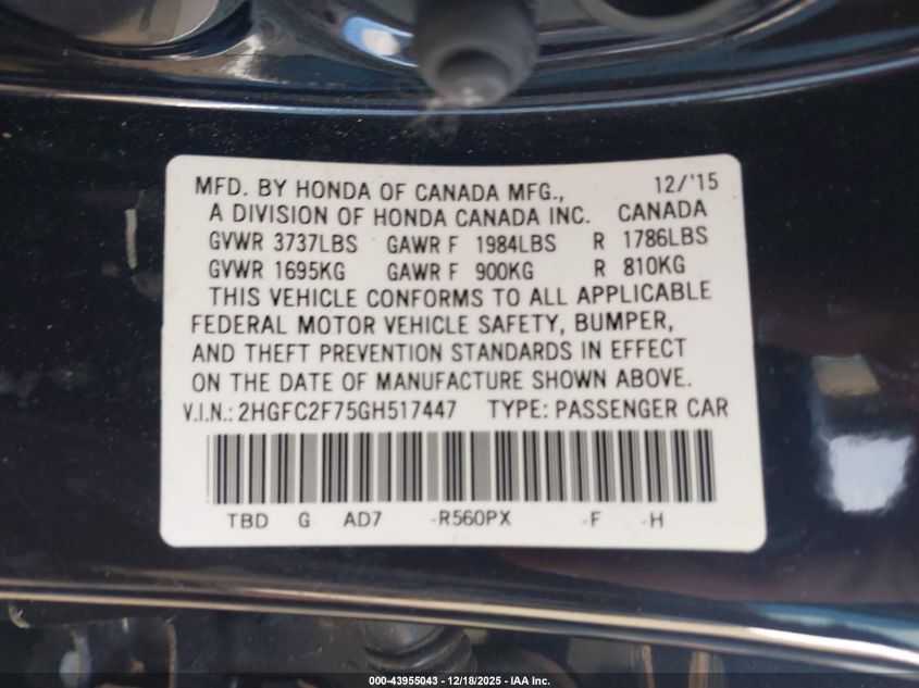 2016 Honda Civic Ex VIN: 2HGFC2F75GH517447 Lot: 43955043