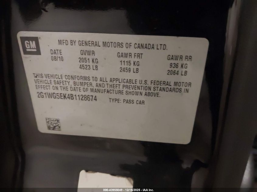 2011 Chevrolet Impala Lt VIN: 2G1WG5EK4B1128674 Lot: 43955049