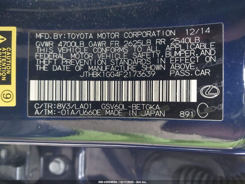 2015 Lexus Es 350 VIN: JTHBK1GG4F2173639 Lot: 43955054