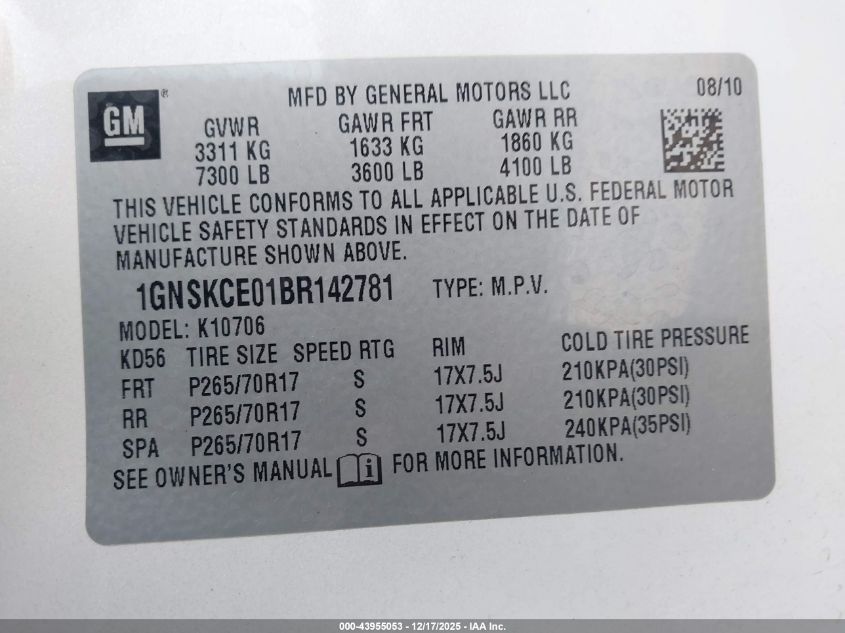 2011 Chevrolet Tahoe Ltz VIN: 1GNSKCE01BR142781 Lot: 43955053