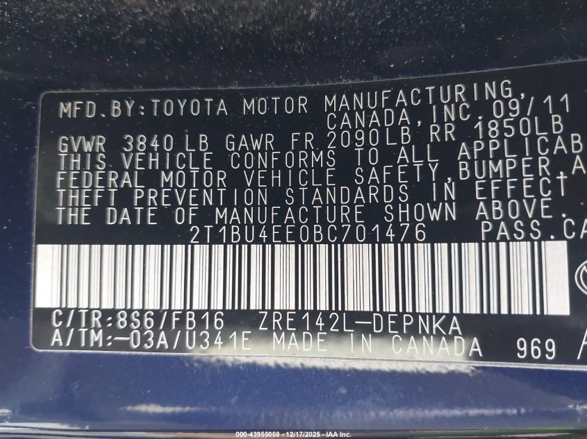 2011 Toyota Corolla Le VIN: 2T1BU4EE0BC701476 Lot: 43955058