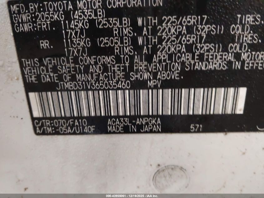 2006 Toyota Rav4 Limited VIN: JTMBD31V365035460 Lot: 43955061