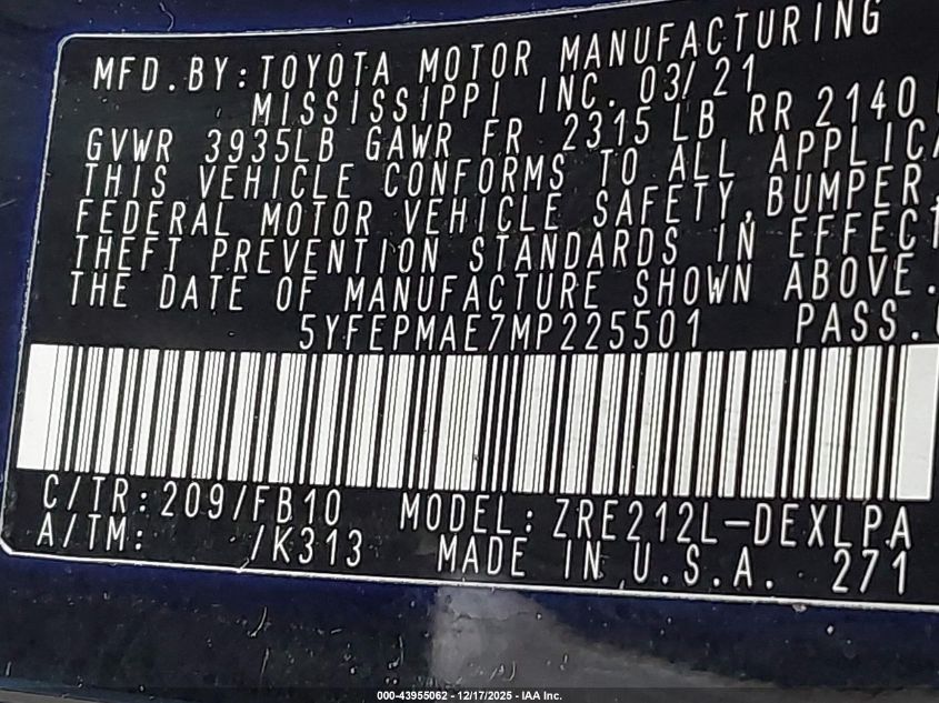 2021 Toyota Corolla Le VIN: 5YFEPMAE7MP225501 Lot: 43955062