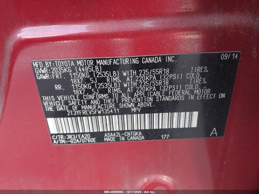 2015 Toyota Rav4 Limited VIN: 2T3YFREV5FW135411 Lot: 43955063