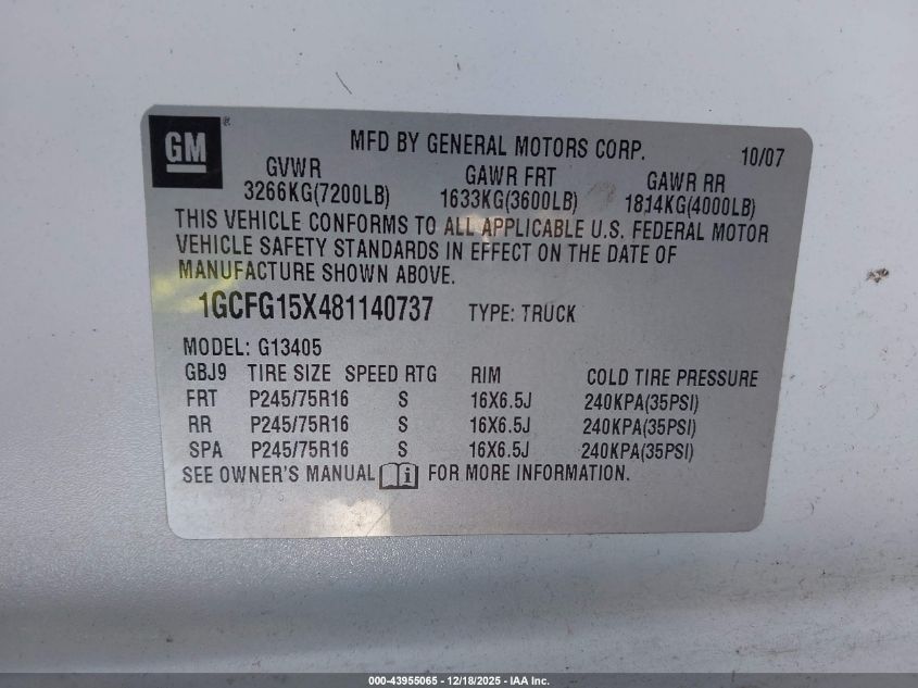 2008 Chevrolet Express Work Van VIN: 1GCFG15X481140737 Lot: 43955065