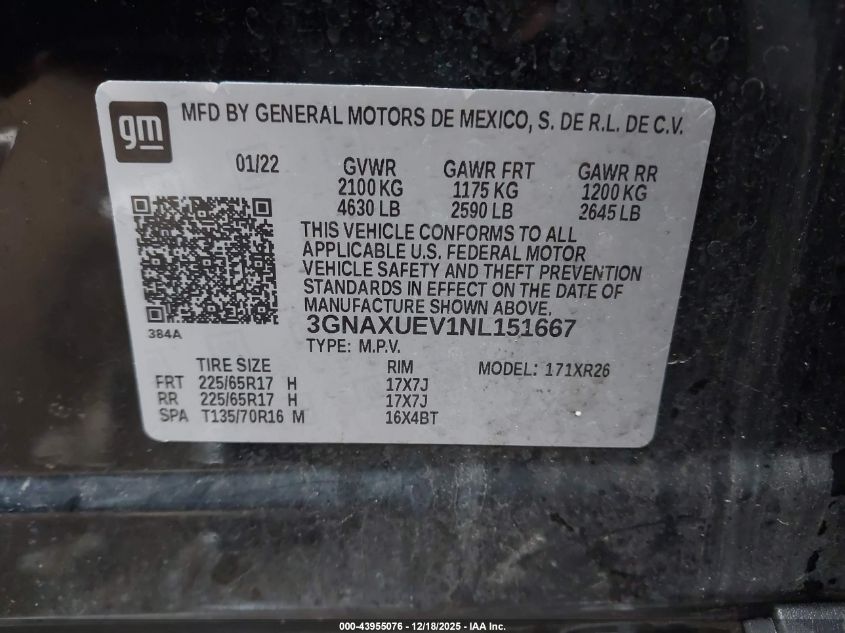 2022 Chevrolet Equinox Awd Lt VIN: 3GNAXUEV1NL151667 Lot: 43955076