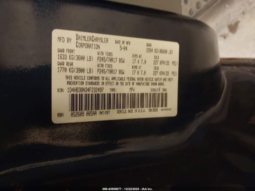 2004 Dodge Durango St VIN: 1D4HB38N34F232497 Lot: 43955077