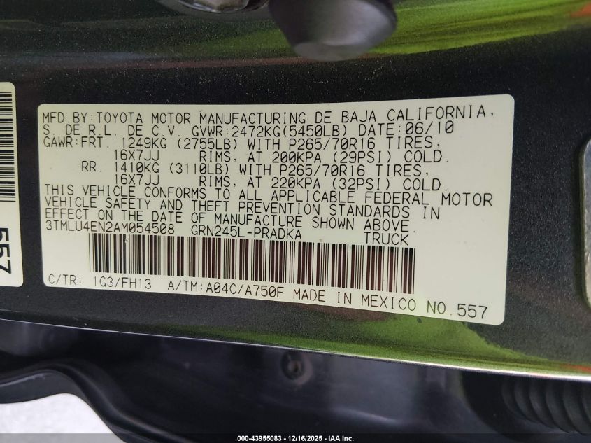 2010 Toyota Tacoma Base V6 VIN: 3TMLU4EN2AM054508 Lot: 43955083