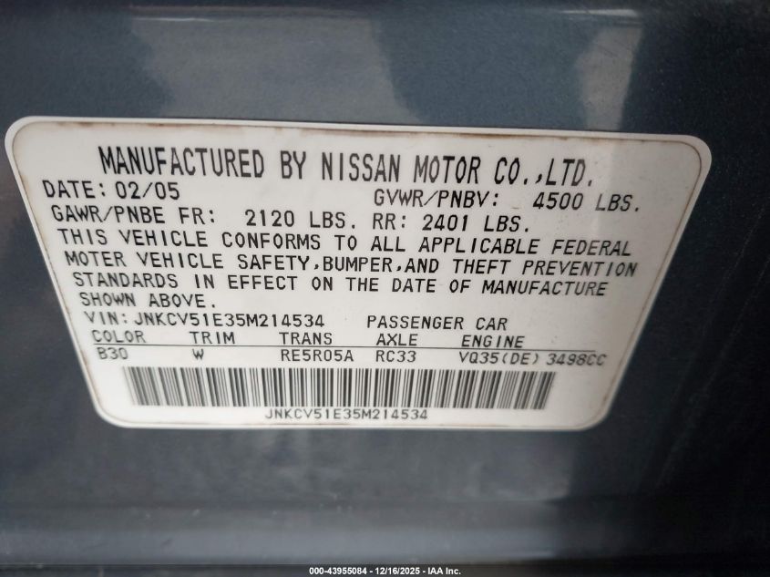 2005 Infiniti G35 VIN: JNKCV51E35M214534 Lot: 43955084