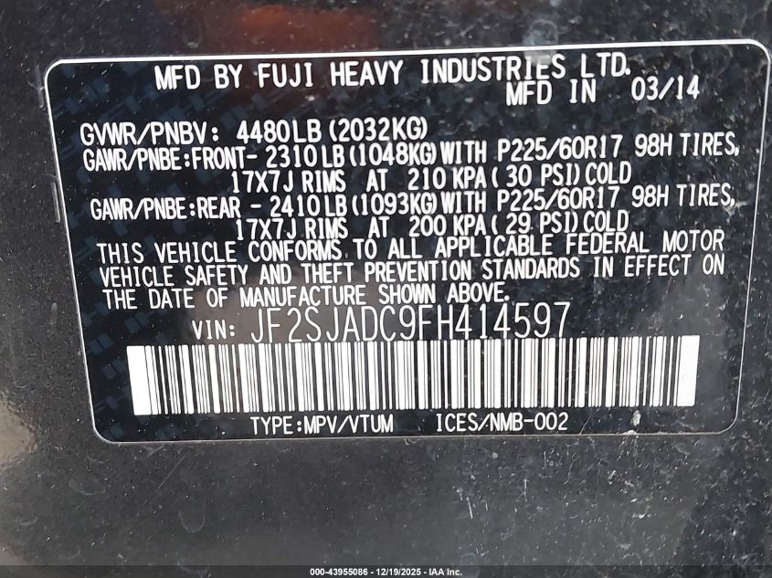 2015 Subaru Forester 2.5I Premium VIN: JF2SJADC9FH414597 Lot: 43955086