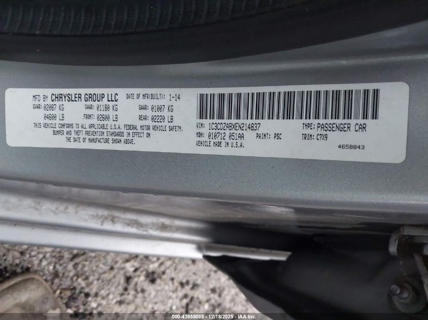 2014 Dodge Avenger Se VIN: 1C3CDZABXEN214837 Lot: 43955088