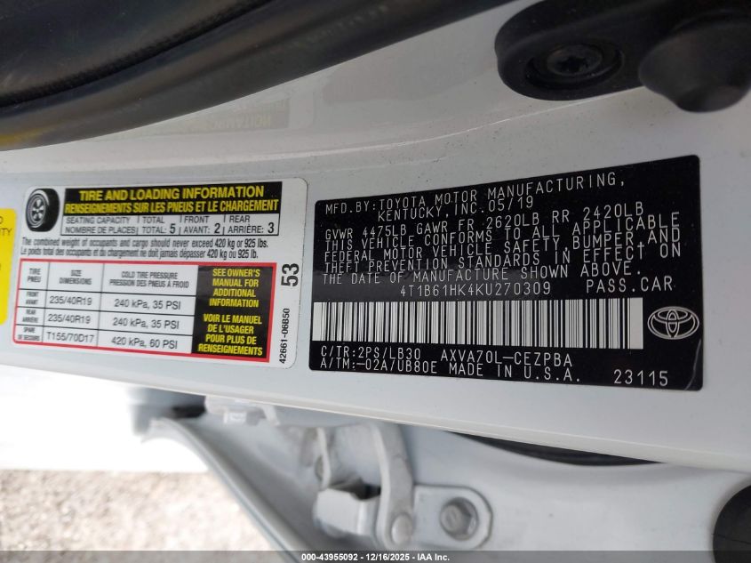 2019 Toyota Camry Xse VIN: 4T1B61HK4KU270309 Lot: 43955092