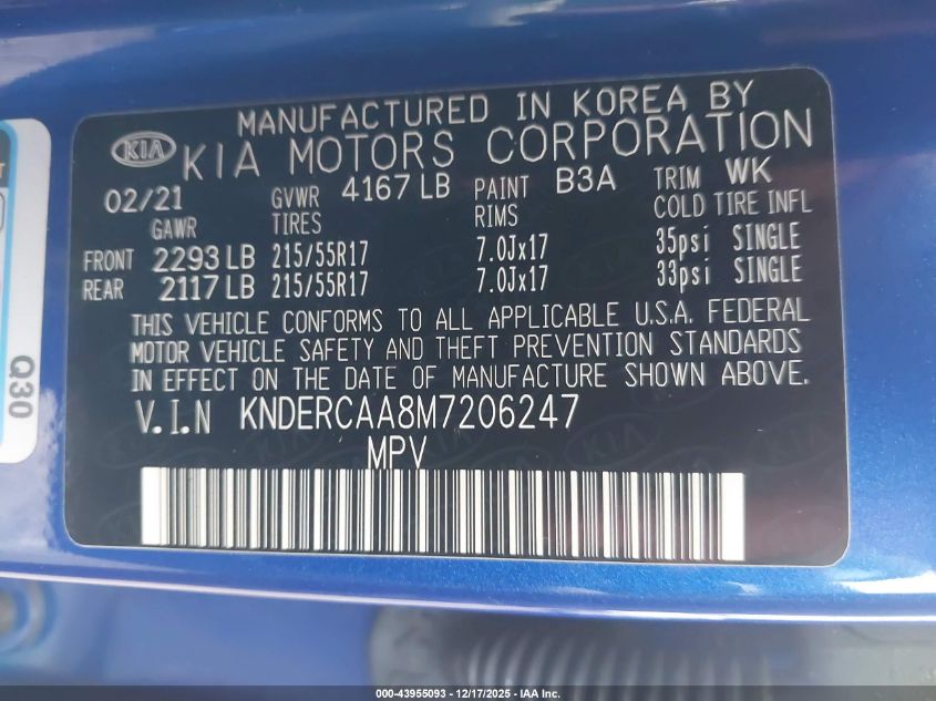 2021 Kia Seltos Ex VIN: KNDERCAA8M7206247 Lot: 43955093