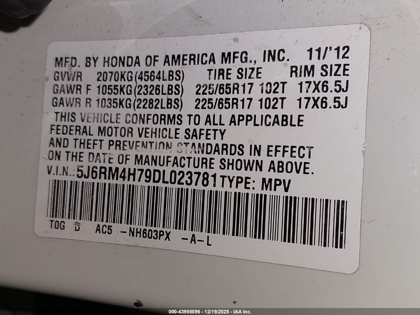 2013 Honda Cr-V Ex-L VIN: 5J6RM4H79DL023781 Lot: 43955096