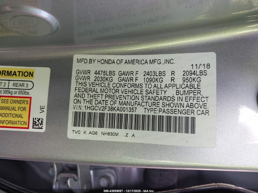 2019 Honda Accord Sport 2.0T VIN: 1HGCV2F38KA001357 Lot: 43955097
