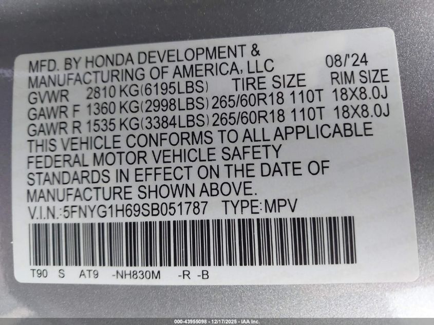 2025 Honda Pilot Trailsport VIN: 5FNYG1H69SB051787 Lot: 43955098