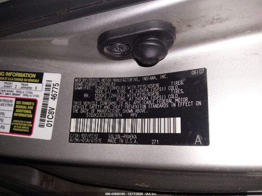 2007 Toyota Sienna Le VIN: 5TDZK23C37S081814 Lot: 43955100