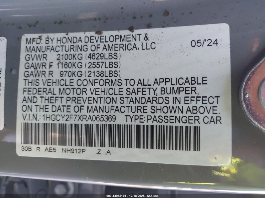 2024 Honda Accord Hybrid Sport-L VIN: 1HGCY2F7XRA065369 Lot: 43955101