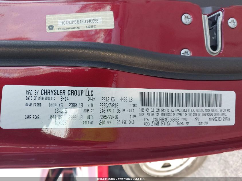 2015 Jeep Patriot Sport VIN: 1C4NJPBB4FD146056 Lot: 43955102