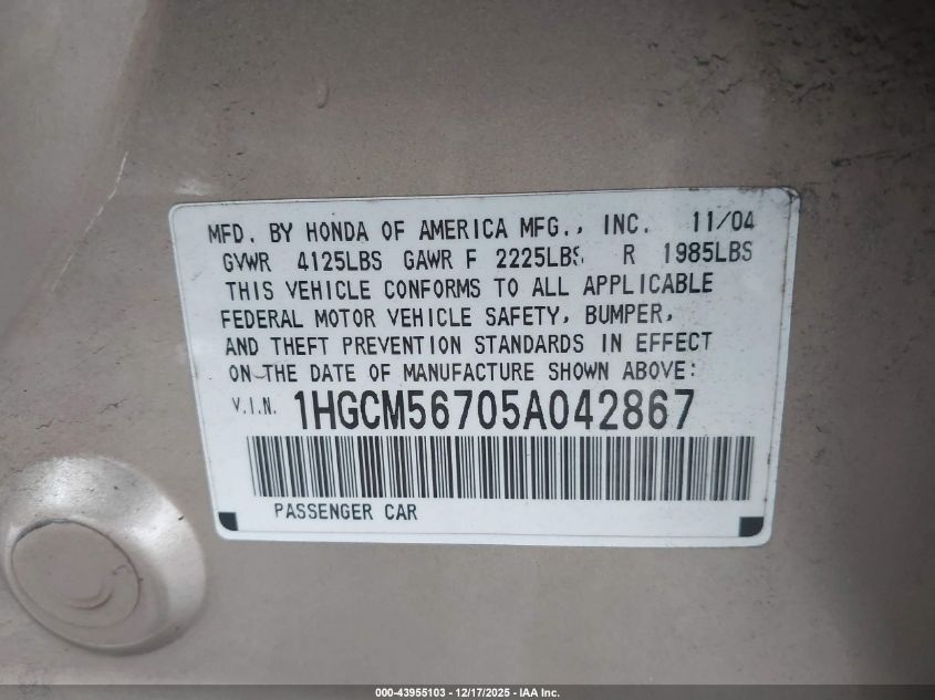 2005 Honda Accord 2.4 Ex VIN: 1HGCM56705A042867 Lot: 43955103