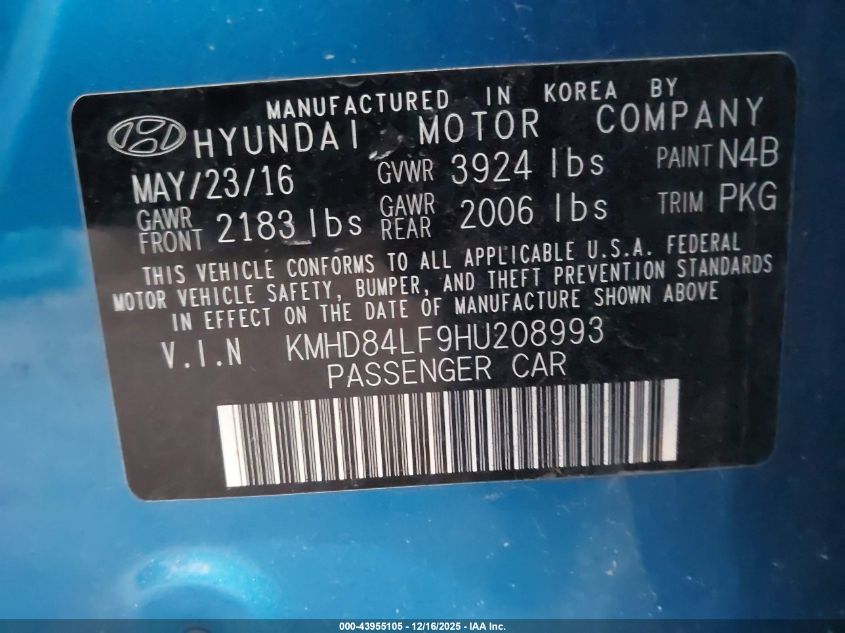 2017 Hyundai Elantra Se VIN: KMHD84LF9HU208993 Lot: 43955105