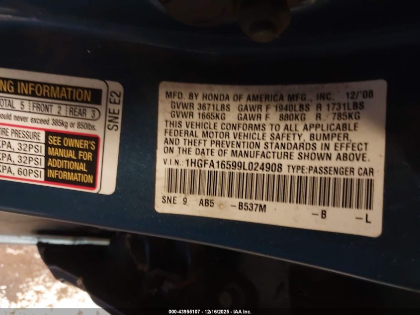 2009 Honda Civic Lx VIN: 1HGFA16599L024908 Lot: 43955107