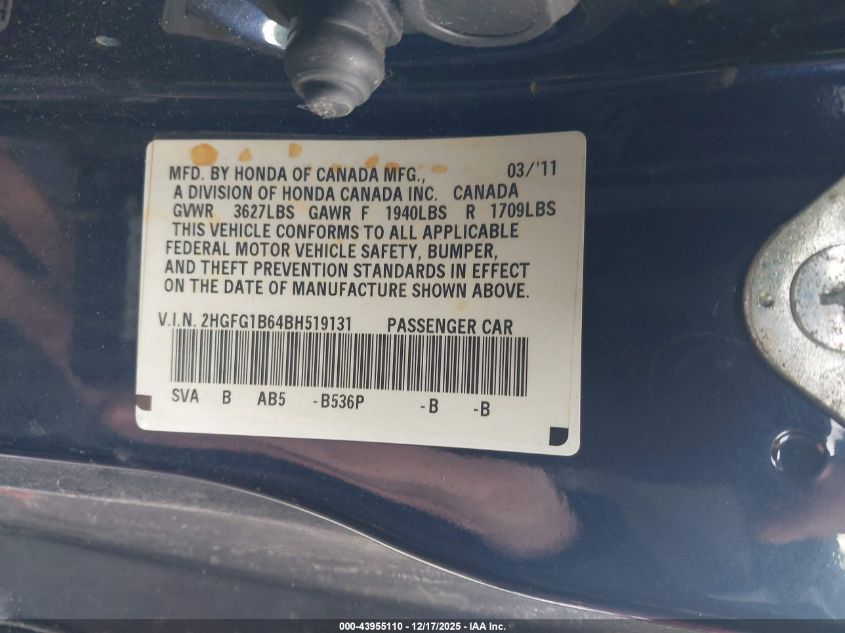 2011 Honda Civic Lx VIN: 2HGFG1B64BH519131 Lot: 43955110