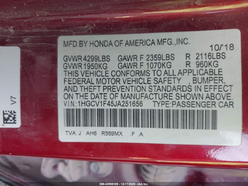 2018 Honda Accord Ex VIN: 1HGCV1F45JA251656 Lot: 43955109