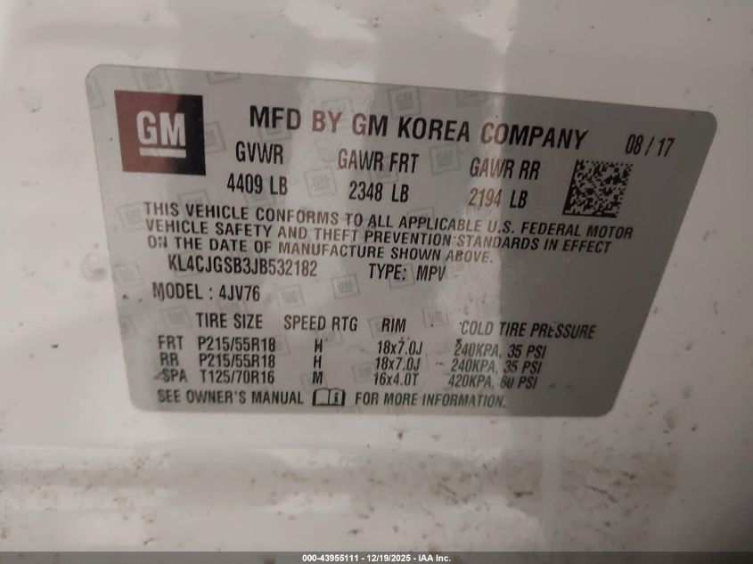 2018 Buick Encore Essence VIN: KL4CJGSB3JB532182 Lot: 43955111