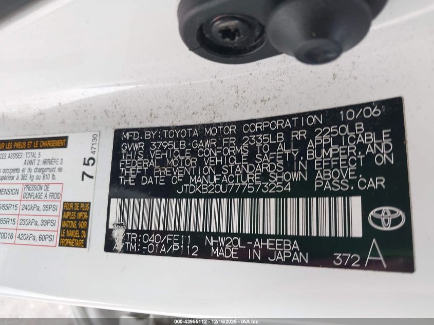 2007 Toyota Prius VIN: JTDKB20U777573254 Lot: 43955112