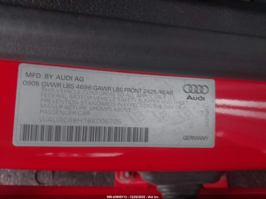 2006 Audi A4 1.8T VIN: WAUAC48H16K006705 Lot: 43955113