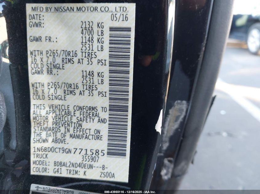 2016 Nissan Frontier Sv-I4 VIN: 1N6BD0CT9GN771585 Lot: 43955116