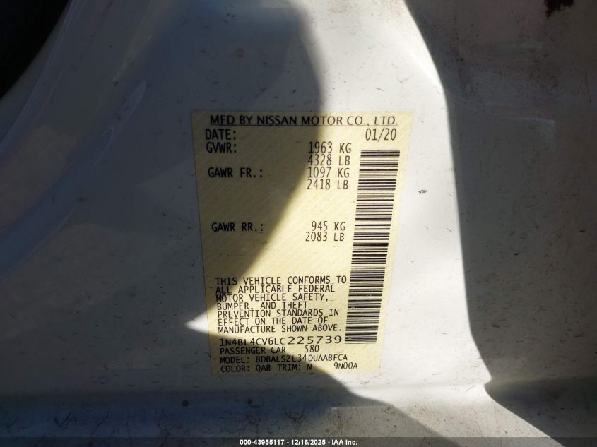 2020 Nissan Altima Sr Fwd VIN: 1N4BL4CV6LC225739 Lot: 43955117