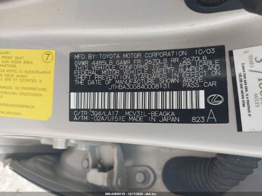 2004 Lexus Es 330 VIN: JTHBA30G840008131 Lot: 43955119