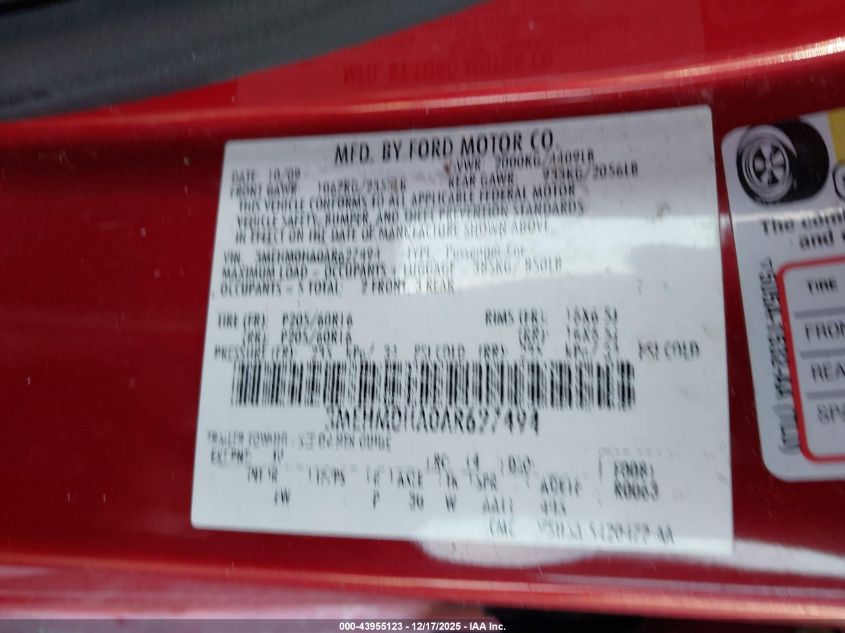 2010 Mercury Milan VIN: 3MEHM0HA0AR627494 Lot: 43955123