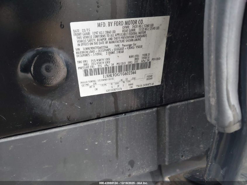 2015 Lincoln Mks VIN: 1LNHL9DK7FG602366 Lot: 43955124