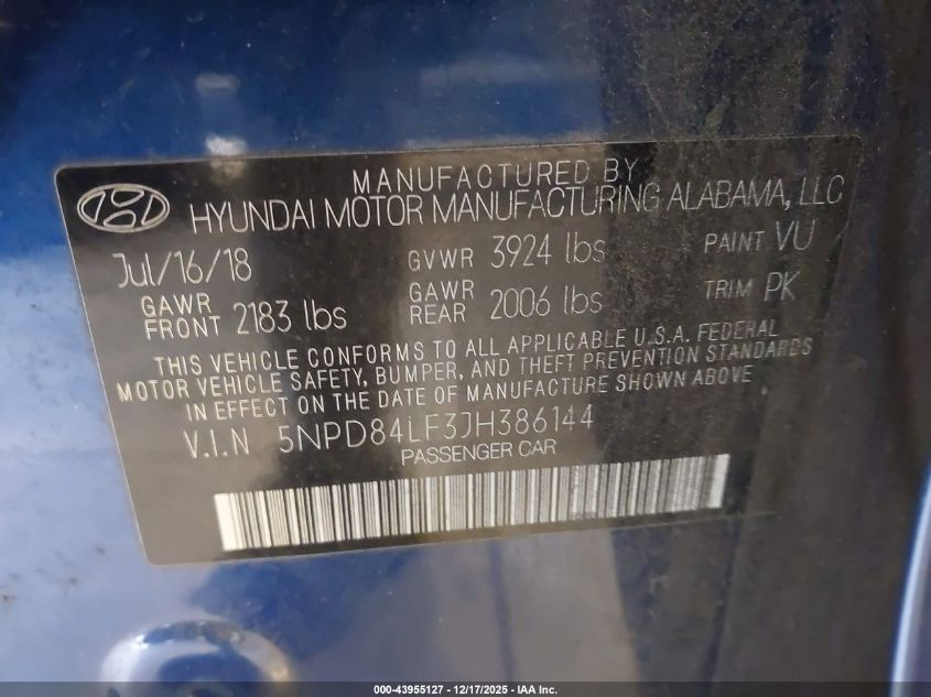 2018 Hyundai Elantra Value Edition VIN: 5NPD84LF3JH386144 Lot: 43955127