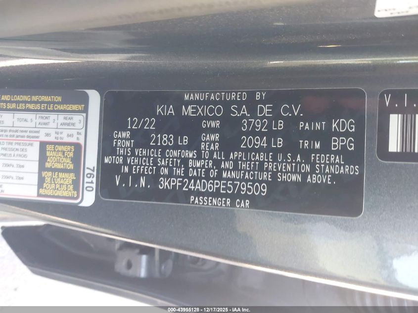 2023 Kia Forte Lxs VIN: 3KPF24AD6PE579509 Lot: 43955128