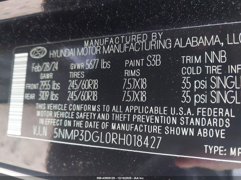 2024 Hyundai Santa Fe Xrt VIN: 5NMP3DGL0RH018427 Lot: 43955129