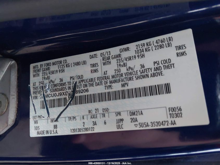 2013 Ford Escape Titanium VIN: 1FMCU0J9XDUD89206 Lot: 43955131