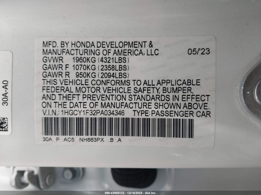 2023 Honda Accord Ex VIN: 1HGCY1F32PA034346 Lot: 43955132