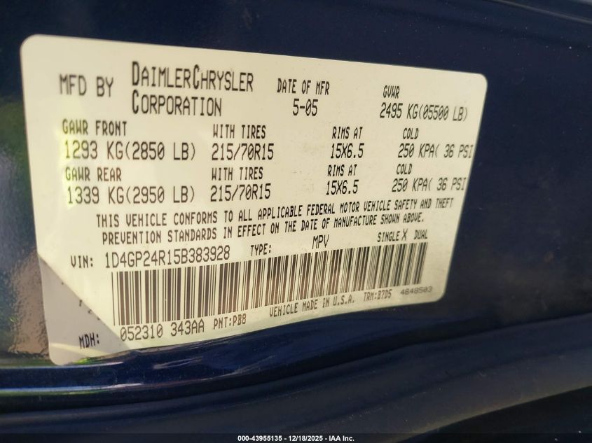 2005 Dodge Grand Caravan Se VIN: 1D4GP24R15B383928 Lot: 43955135