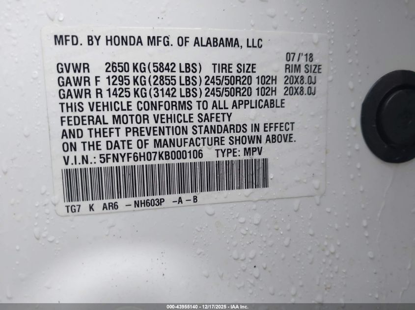 2019 Honda Pilot Elite VIN: 5FNYF6H07KB000106 Lot: 43955140