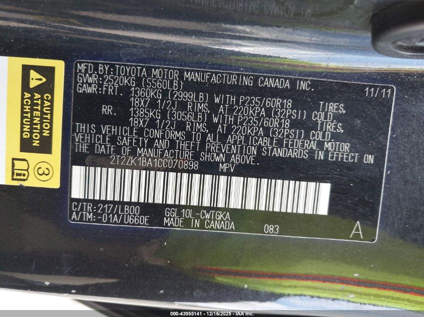 2012 Lexus Rx 350 VIN: 2T2ZK1BA1CC070898 Lot: 43955141