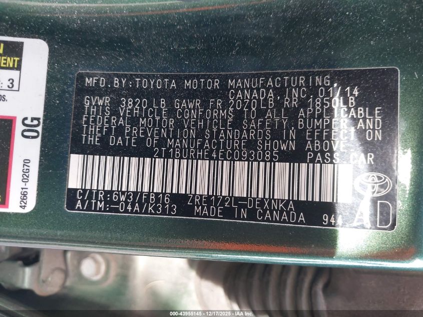 2014 Toyota Corolla Le VIN: 2T1BURHE4EC093085 Lot: 43955145