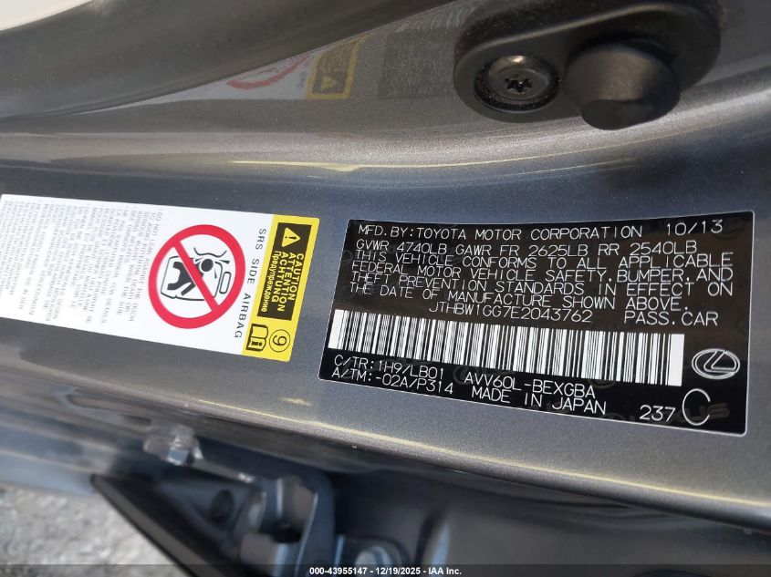 2014 Lexus Es 300H VIN: JTHBW1GG7E2043762 Lot: 43955147