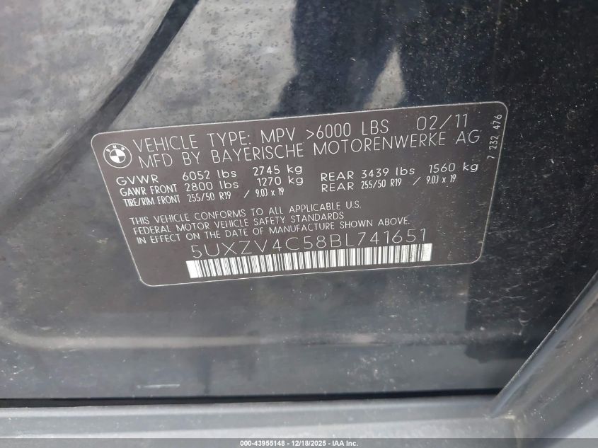 2011 BMW X5 xDrive35I/xDrive35I Premium/xDrive35I Sport Activity VIN: 5UXZV4C58BL741651 Lot: 43955148